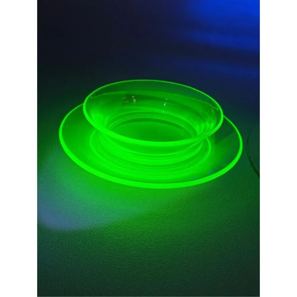Vintage Vaseline Uranium Glass Plate & Bowl Combo Set Depression Glass MCM